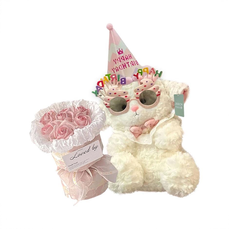 商品配色： 公主小羊+生日帽+生日眼镜+花束