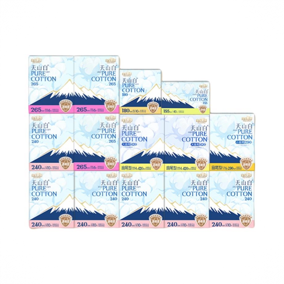 商品配色： 【142片】240mm日用10片*6包+265mm加长日用6片*3包+290mm日夜用6片*1包+420mm夜用4片*2包+180mm迷你10片*1包+155mm护垫40片*1包