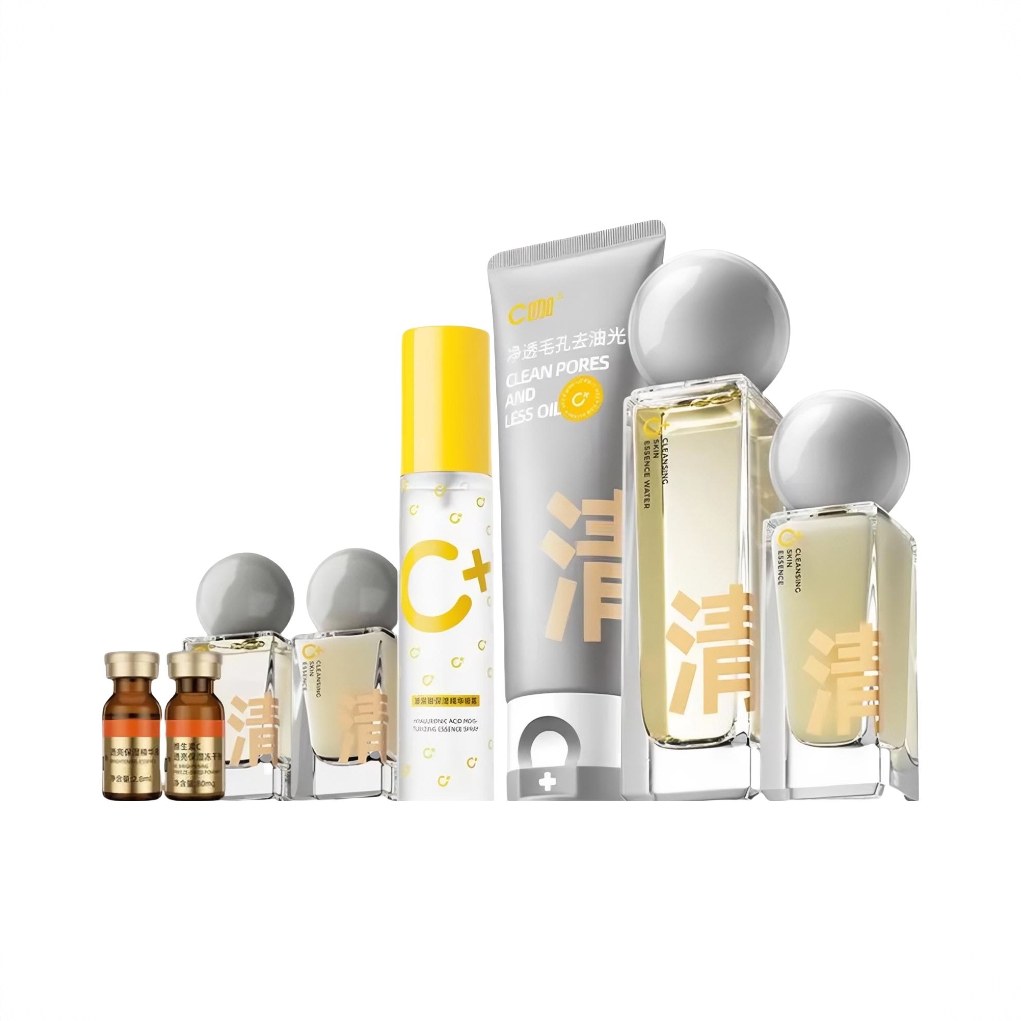 商品配色： 洗面奶80g+精华30ml+水110ml+精华8ml水8ml+玻尿酸喷雾80ml+VC冻干粉1对