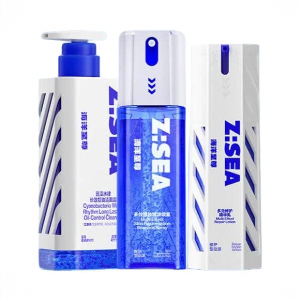 商品配色： 多效醒肤精华喷雾100ml+多效修护焕能乳100g+蓝藻控油洁面露150g