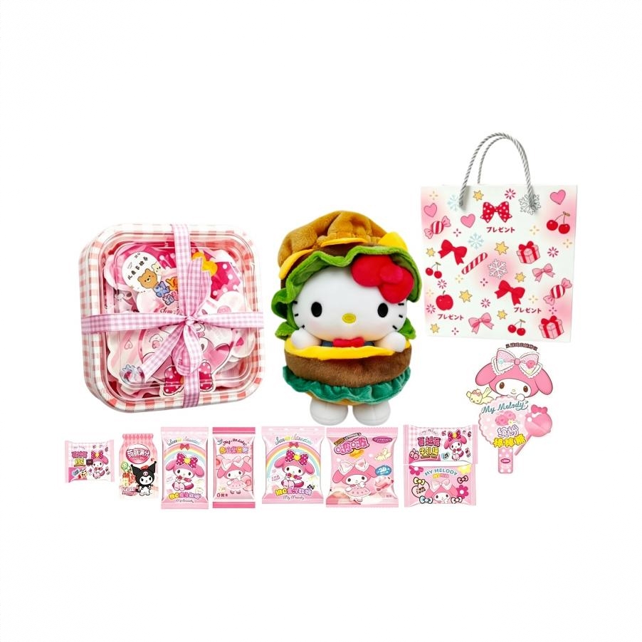 商品配色： 【比比拉布】汉堡宝Kitty套装挂件+美乐蒂零食糖果组合礼袋装