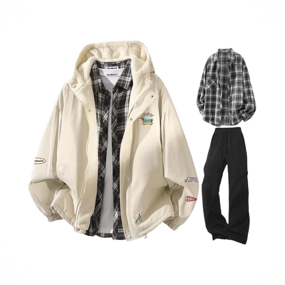 商品配色： 卡其棉服+黑衬衫+黑裤子