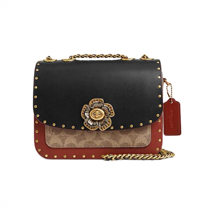 商品配色： 棕黄色拼绣红色拼黑色 