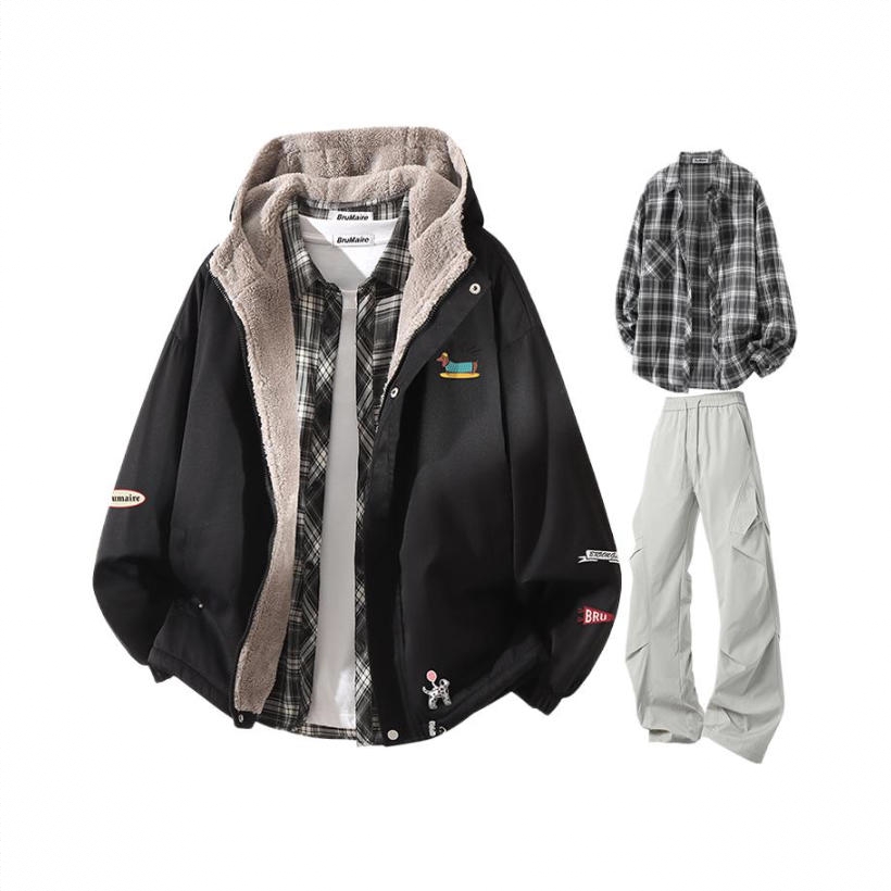 商品配色： 黑棉服+黑衬衫+浅灰裤子